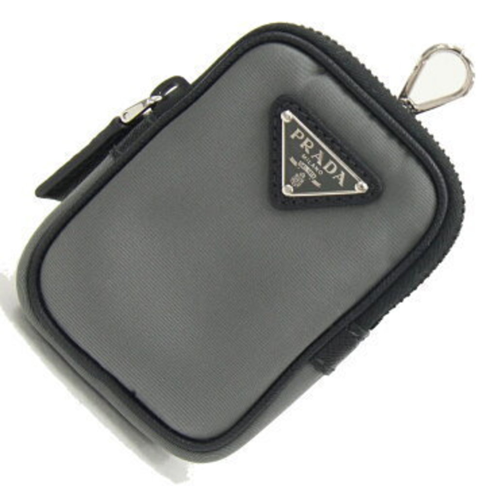 Prada pouch gray black nylon leather bag charm triangle